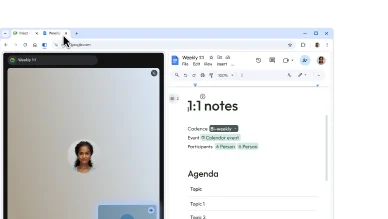 A user creates a split view by dragging one tab into another. This lets them easily take notes during a Google Meet call.