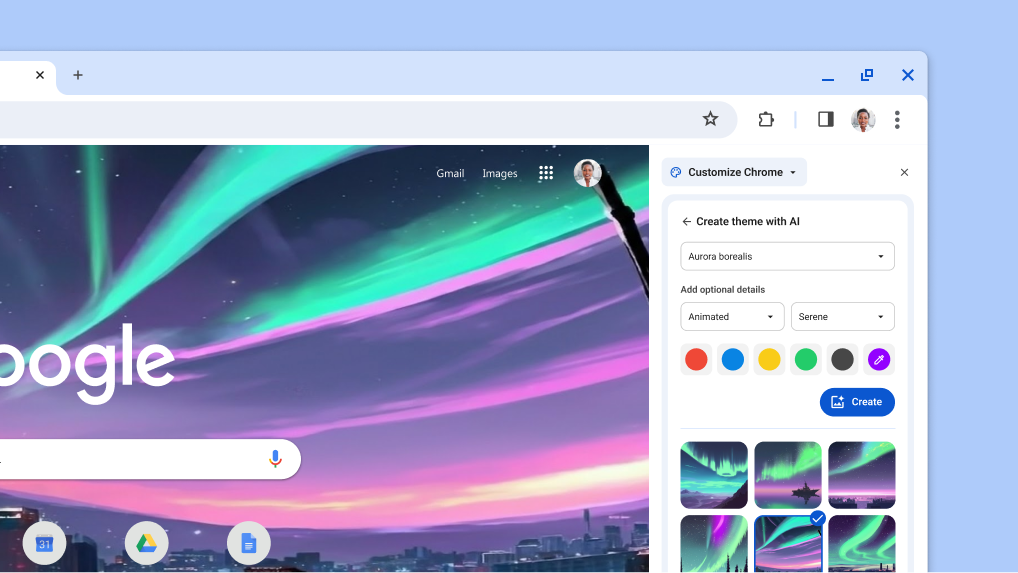 Chrome side panel opened to show Create theme with AI options.